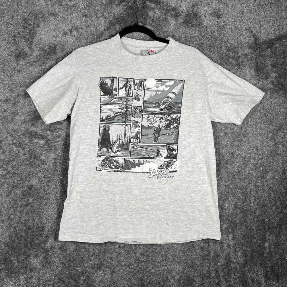 Vintage Idaho Shirt Mens M Gray Redfish Lake Graphic Crew Neck Cotton Tee